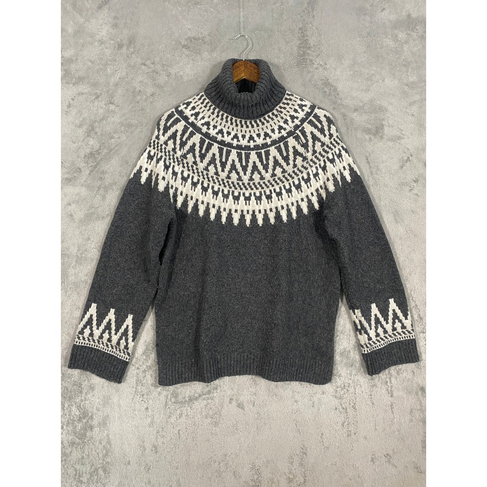 H&M Sweater Sz S Gray White Fair Isle Turtleneck Chunky Knit Side Slit Nordic